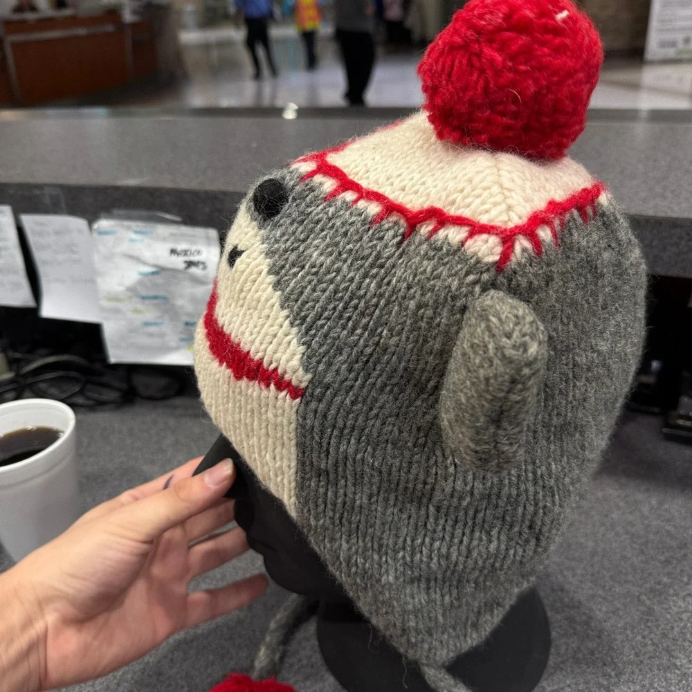 World Market Sock Monkey Beanie Hat Unisex OS Gray Wool Fleece Lined Excellent